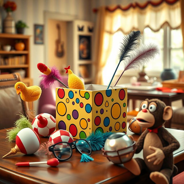 A whimsical comedy film scene featuring a colorful box on a table