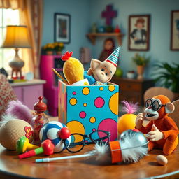 A whimsical comedy film scene featuring a colorful box on a table