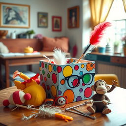 A whimsical comedy film scene featuring a colorful box on a table