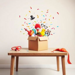 A whimsical comedy film scene features a curious box placed centrally on a simple table, surrounded by a variety of comical objects such as a clown nose, rubber chicken, whoopee cushion, oversized glasses, playful masks, and colorful confetti springing out