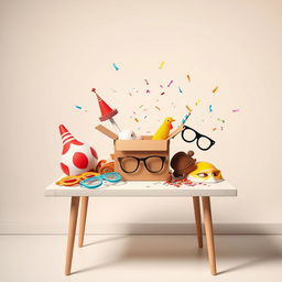 A whimsical comedy film scene features a curious box placed centrally on a simple table, surrounded by a variety of comical objects such as a clown nose, rubber chicken, whoopee cushion, oversized glasses, playful masks, and colorful confetti springing out