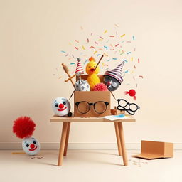 A whimsical comedy film scene features a curious box placed centrally on a simple table, surrounded by a variety of comical objects such as a clown nose, rubber chicken, whoopee cushion, oversized glasses, playful masks, and colorful confetti springing out