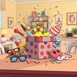 A comedic film scene portrays a whimsical box on a table, surrounded by entertaining items such as a clown nose, rubber chicken, whoopee cushion, oversized glasses, and playful masks, with colorful confetti and streamers bursting out