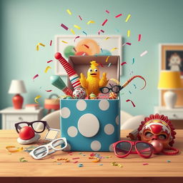 A comedic film scene portrays a whimsical box on a table, surrounded by entertaining items such as a clown nose, rubber chicken, whoopee cushion, oversized glasses, and playful masks, with colorful confetti and streamers bursting out