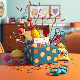 A comedic film scene portrays a whimsical box on a table, surrounded by entertaining items such as a clown nose, rubber chicken, whoopee cushion, oversized glasses, and playful masks, with colorful confetti and streamers bursting out