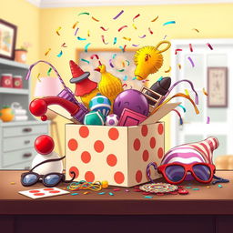 A comedic film scene portrays a whimsical box on a table, surrounded by entertaining items such as a clown nose, rubber chicken, whoopee cushion, oversized glasses, and playful masks, with colorful confetti and streamers bursting out