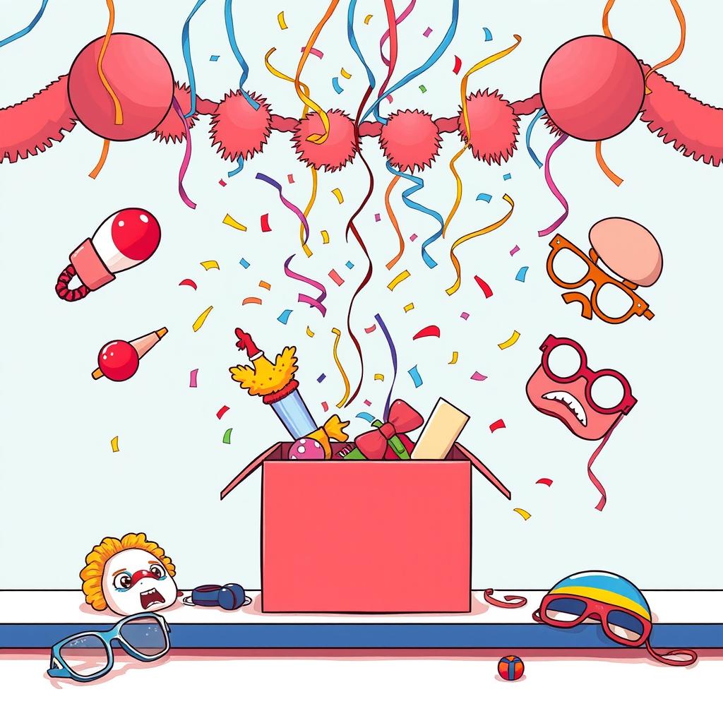 A vertical A2 paper scene from a comedy film showcases a quirky box on a table at the center, surrounded by amusing items like a clown nose, rubber chicken, whoopee cushion, oversized glasses, and playful masks