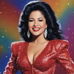 Generate an artistic portrait of Selena Quintanilla, the iconic Tejano singer, in a glittering stage outfit, capturing her vibrant spirit and radiant smile.