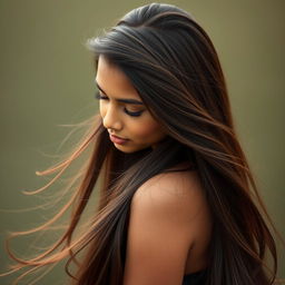 A beautiful Indian girl with long flowing hair, gracefully bending forward