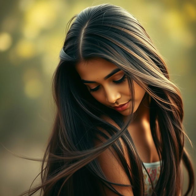 A beautiful Indian girl with long flowing hair, gracefully bending forward