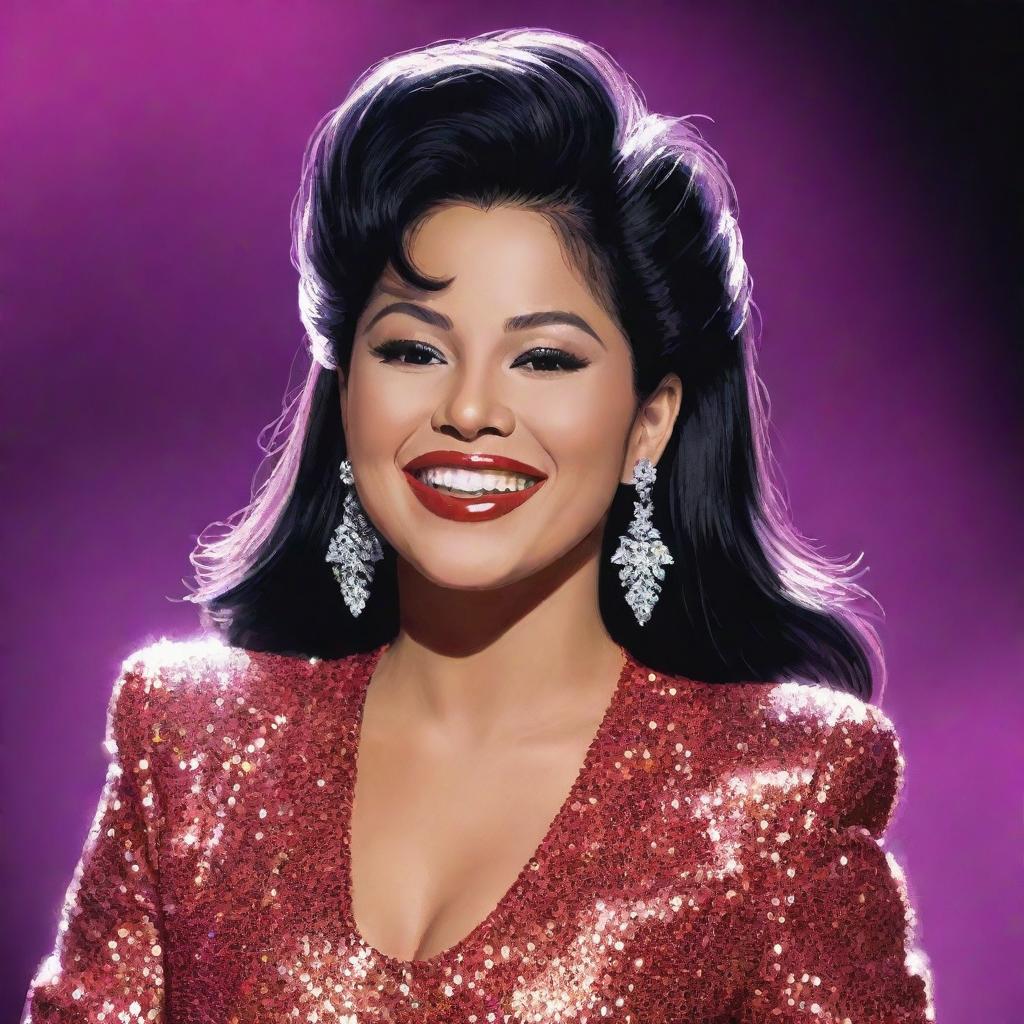 Generate an artistic portrait of Selena Quintanilla, the iconic Tejano singer, in a glittering stage outfit, capturing her vibrant spirit and radiant smile.