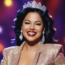 Generate an artistic portrait of Selena Quintanilla, the iconic Tejano singer, in a glittering stage outfit, capturing her vibrant spirit and radiant smile.