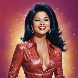 Generate an artistic portrait of Selena Quintanilla, the iconic Tejano singer, in a glittering stage outfit, capturing her vibrant spirit and radiant smile.