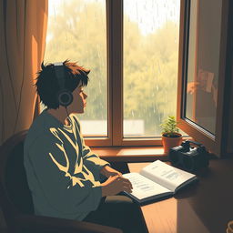 A cozy LoFi scene featuring a person sitting by a window on a rainy day, wearing headphones and listening to music