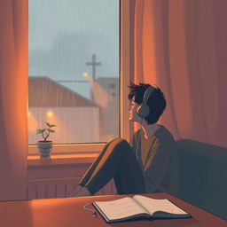 A cozy LoFi scene featuring a person sitting by a window on a rainy day, wearing headphones and listening to music