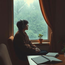 A cozy LoFi scene featuring a person sitting by a window on a rainy day, wearing headphones and listening to music