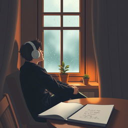 A cozy LoFi scene featuring a person sitting by a window on a rainy day, wearing headphones and listening to music