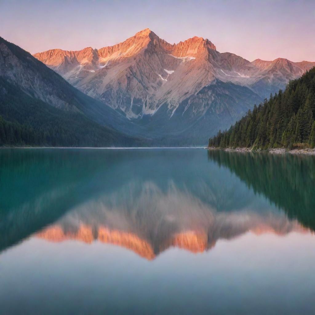 A breathtaking panoramic view of a mountain range at sunset, with pastel hues filling the sky and reflecting off a serene lake in the foreground.