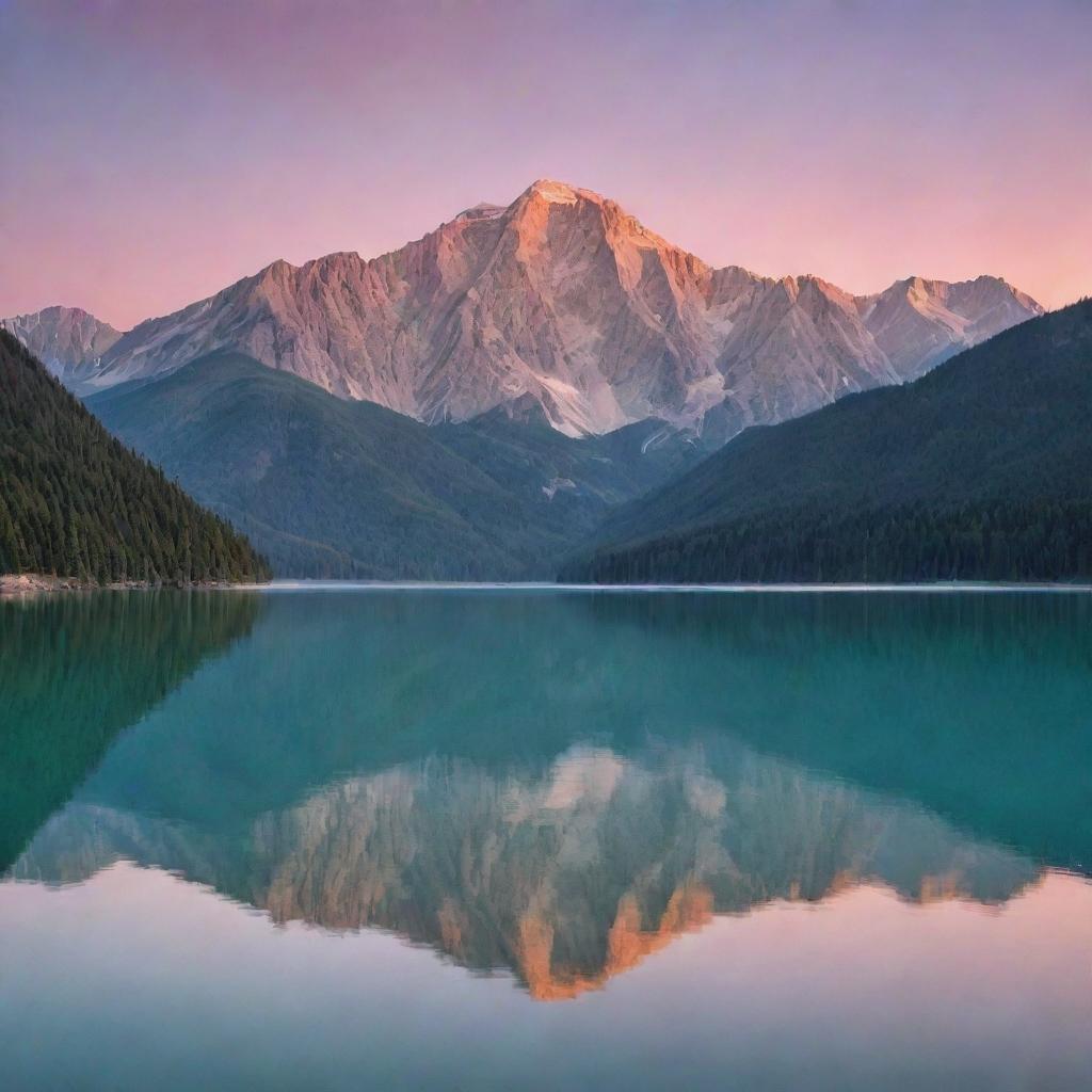 A breathtaking panoramic view of a mountain range at sunset, with pastel hues filling the sky and reflecting off a serene lake in the foreground.