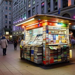 A well-lit kiosk situated in a bustling city centre, adorned with vibrant colors and numerous magazines and newspapers.