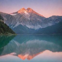 A breathtaking panoramic view of a mountain range at sunset, with pastel hues filling the sky and reflecting off a serene lake in the foreground.