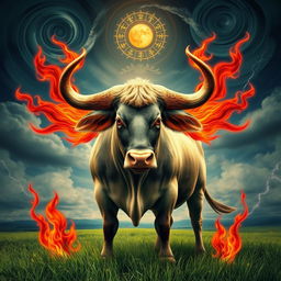 A majestic Taurus bull depicted with spiritual elements inspired by Iansã, the warrior Orisha of winds and storms