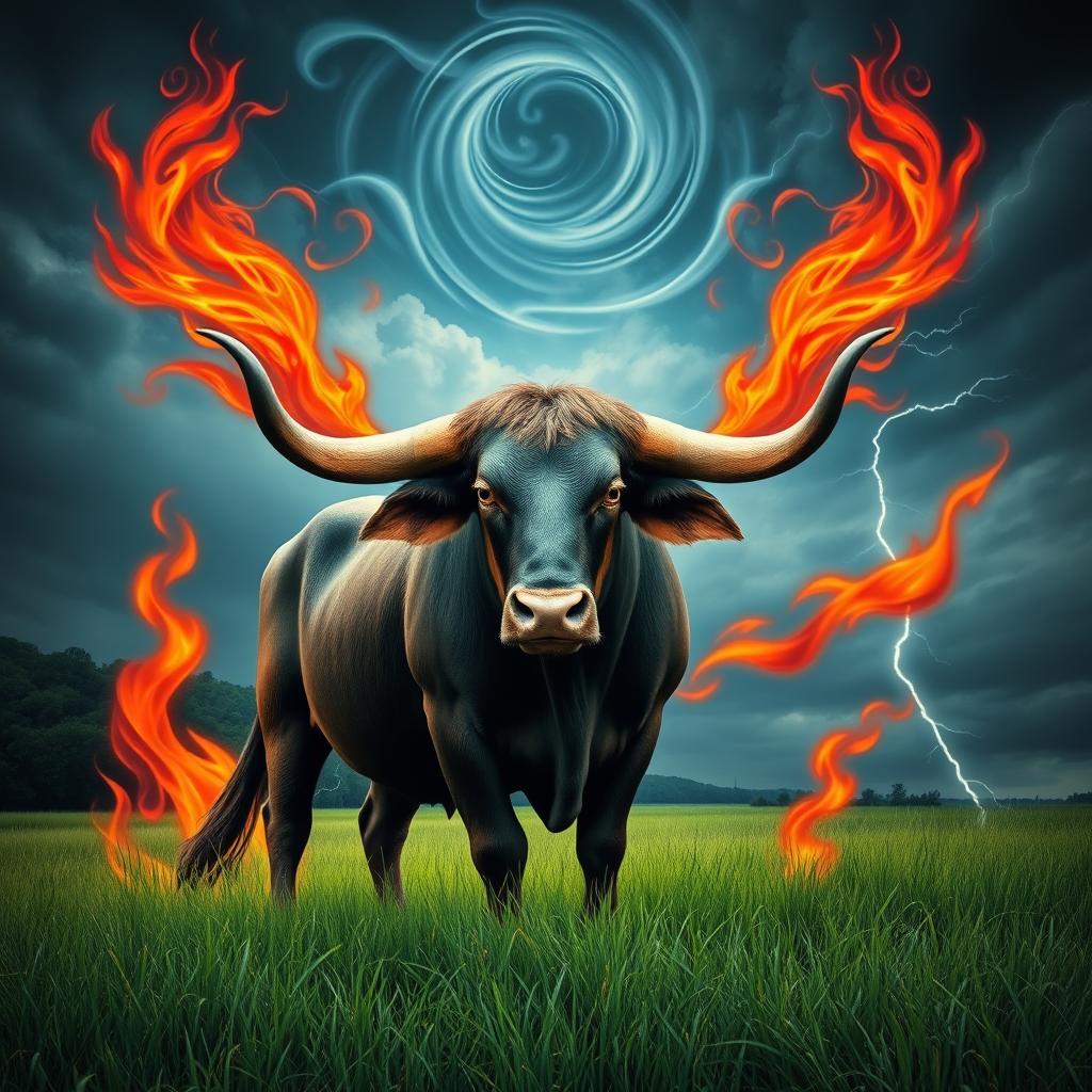 A majestic Taurus bull depicted with spiritual elements inspired by Iansã, the warrior Orisha of winds and storms