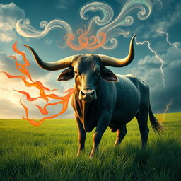 A majestic Taurus bull depicted with spiritual elements inspired by Iansã, the warrior Orisha of winds and storms