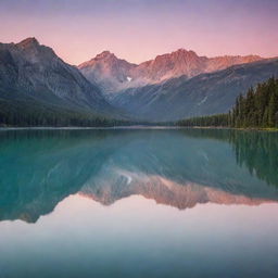 A breathtaking panoramic view of a mountain range at sunset, with pastel hues filling the sky and reflecting off a serene lake in the foreground.