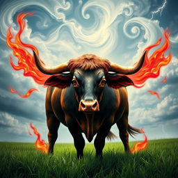 A majestic Taurus bull depicted with spiritual elements inspired by Iansã, the warrior Orisha of winds and storms