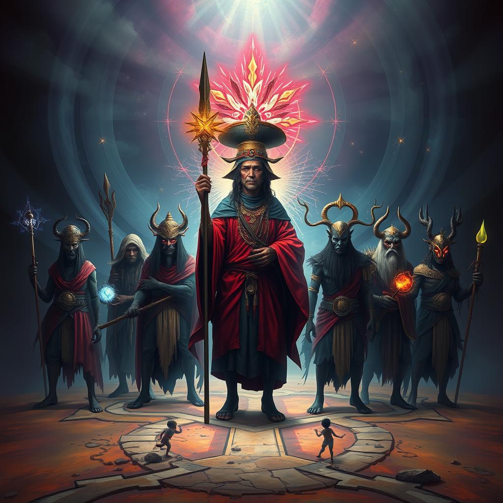 A powerful depiction of Exu Tranca Rua das Almas, a figure often associated with protection and guidance in Afro-Brazilian religions, standing with seven mystical crossroads spirits in a dynamic battle scene