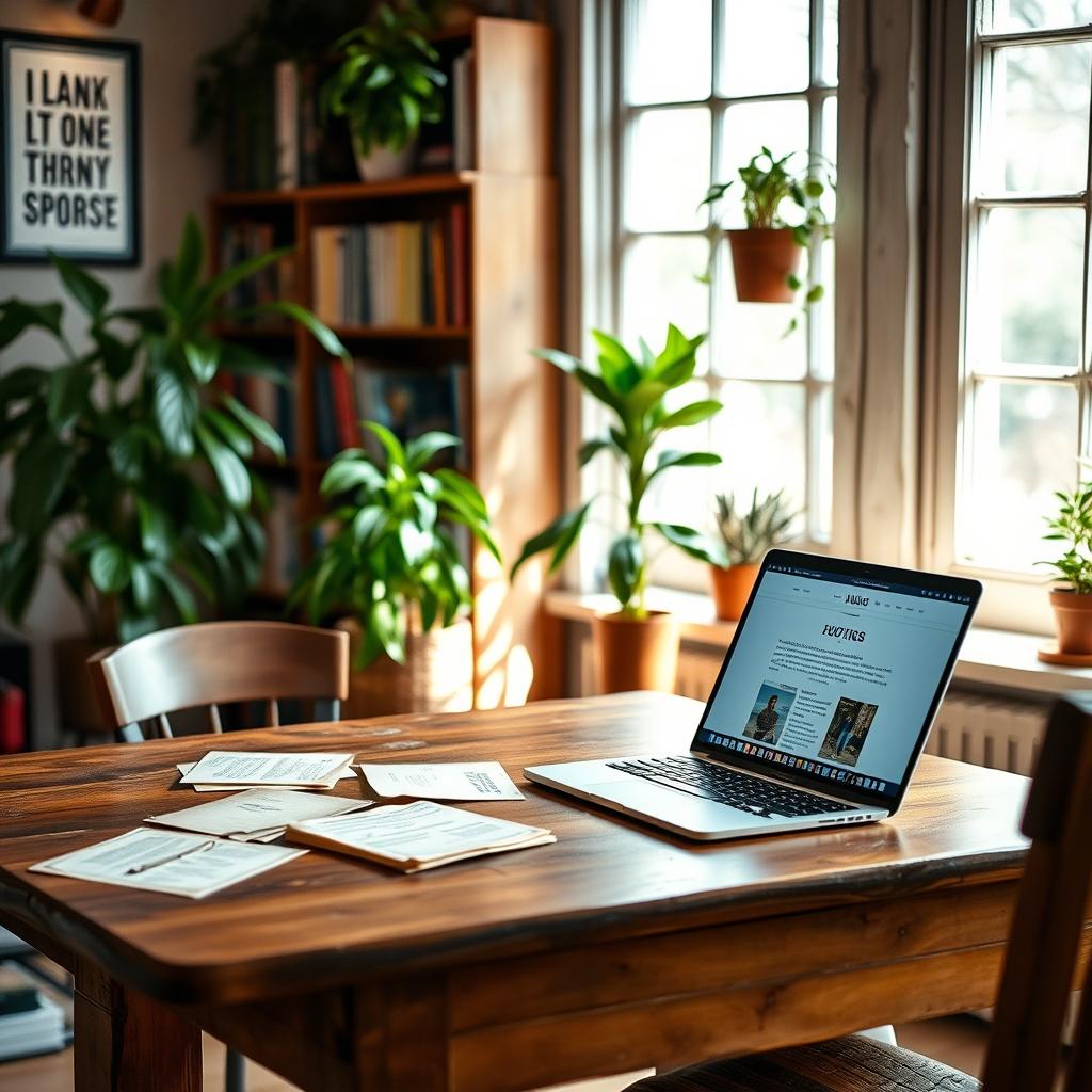 A cozy, rustic home office interior, filled with natural light