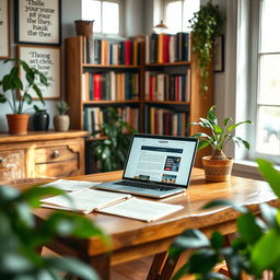 A cozy, rustic home office interior, filled with natural light