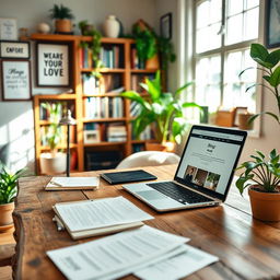 A cozy, rustic home office interior, filled with natural light