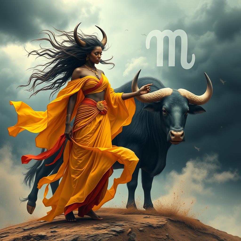 A captivating image featuring Iansã, the Afro-Brazilian orixá of winds and storms, alongside the symbol of Taurus, the powerful earthly zodiac sign