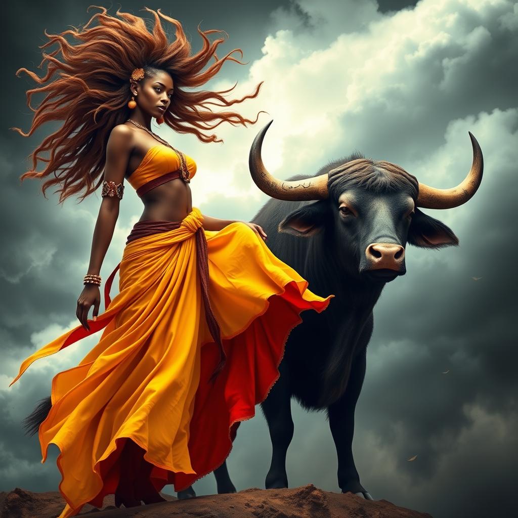 A captivating image featuring Iansã, the Afro-Brazilian orixá of winds and storms, alongside the symbol of Taurus, the powerful earthly zodiac sign