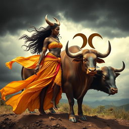 A captivating image featuring Iansã, the Afro-Brazilian orixá of winds and storms, alongside the symbol of Taurus, the powerful earthly zodiac sign