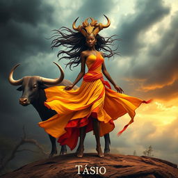 A captivating image featuring Iansã, the Afro-Brazilian orixá of winds and storms, alongside the symbol of Taurus, the powerful earthly zodiac sign