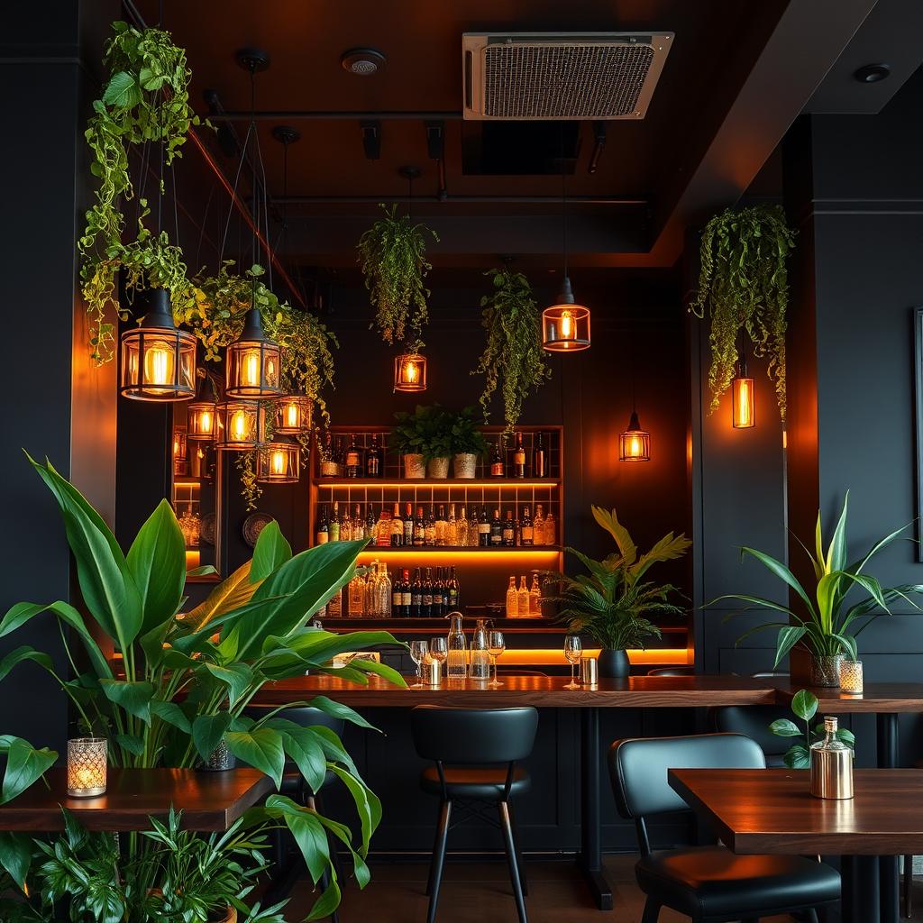 A stylish and modern restobar interior with black walls, accented by warm amber lighting