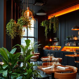 A stylish and modern restobar interior with black walls, accented by warm amber lighting