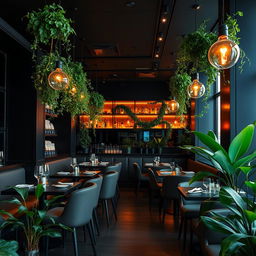 A stylish and modern restobar interior with black walls, accented by warm amber lighting