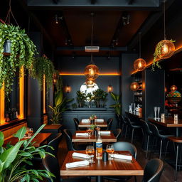 A stylish and modern restobar interior with black walls, accented by warm amber lighting