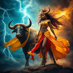 A captivating image featuring Iansã, the Afro-Brazilian orixá of winds and storms, alongside the symbol of Taurus, the powerful earthly zodiac sign