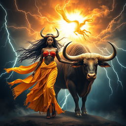 A captivating image featuring Iansã, the Afro-Brazilian orixá of winds and storms, alongside the symbol of Taurus, the powerful earthly zodiac sign