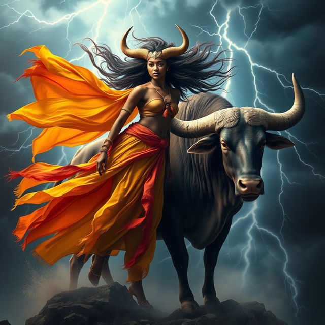 A captivating image featuring Iansã, the Afro-Brazilian orixá of winds and storms, alongside the symbol of Taurus, the powerful earthly zodiac sign