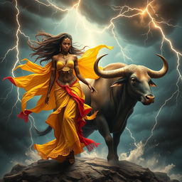 A captivating image featuring Iansã, the Afro-Brazilian orixá of winds and storms, alongside the symbol of Taurus, the powerful earthly zodiac sign