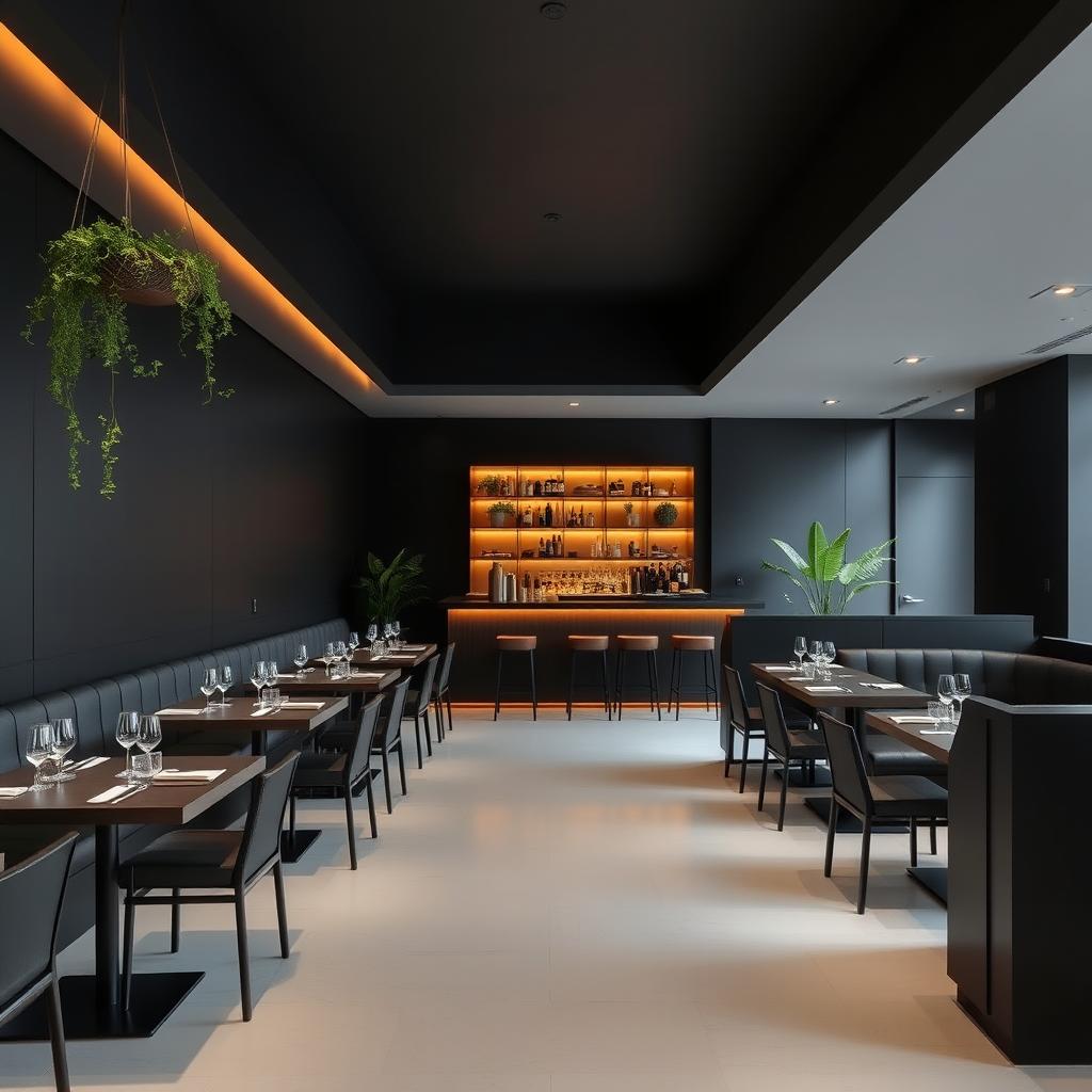 A minimalist restobar interior featuring sleek black walls and subtle amber lighting