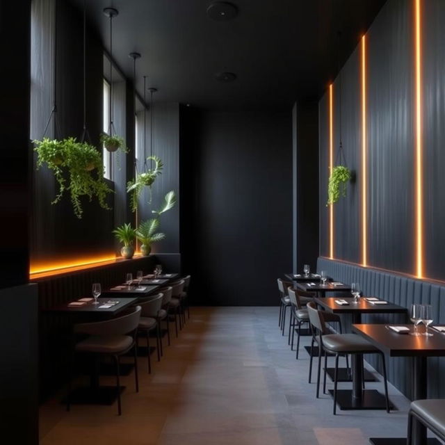 A minimalist restobar interior featuring sleek black walls and subtle amber lighting