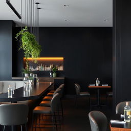 A minimalist restobar interior featuring sleek black walls and subtle amber lighting