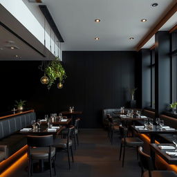 A minimalist restobar interior featuring sleek black walls and subtle amber lighting